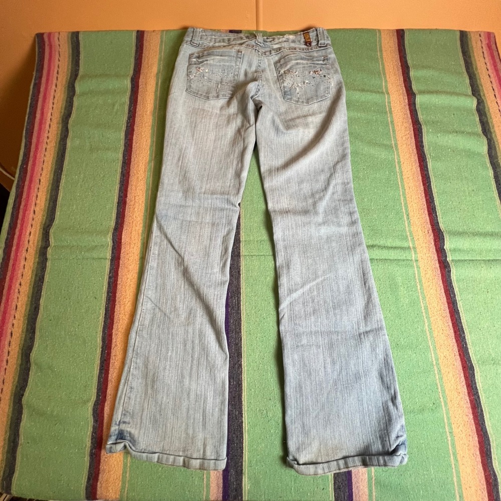 ZD Denim Flare Jeans Womens 9 Light Wash Low Rise Sequin Embroidered Y2K Boho